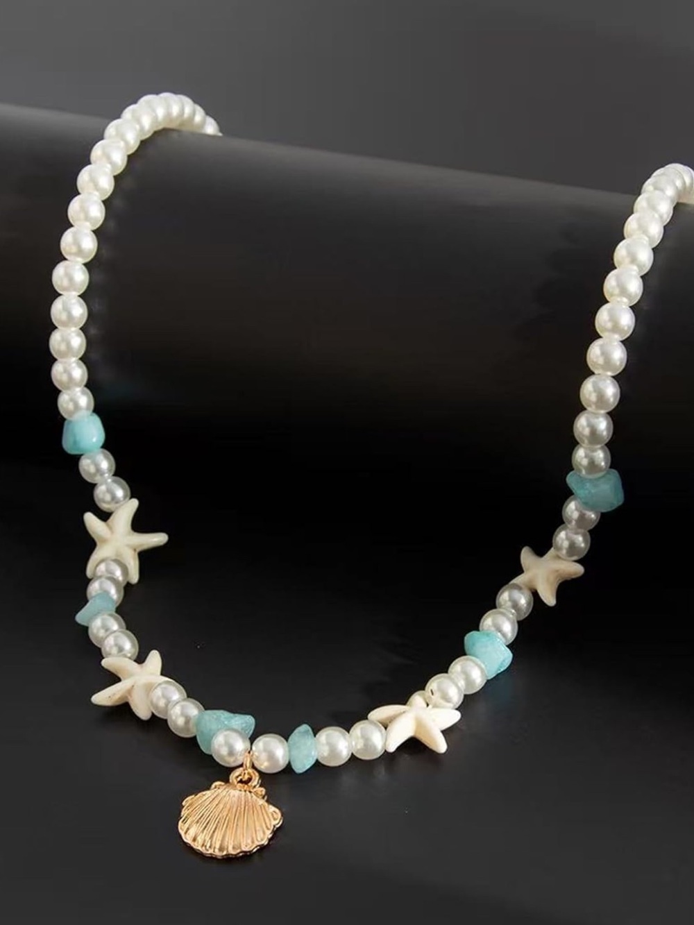 Anthropologie White Pearl Necklace with Turquoise Beads and Gold Shell Charm